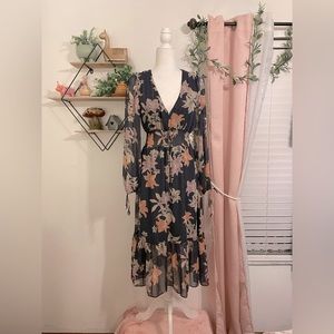 Blue Floral Metallic Ruffle Dress